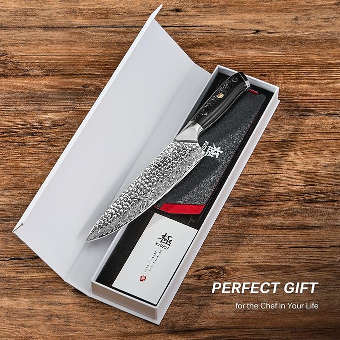 KYOKU Chef Knife - 8"- Shogun Series Japanese Style VG10 Steel Core Hammered Damascus Blade Kitchen Knife - with Sheath & Case