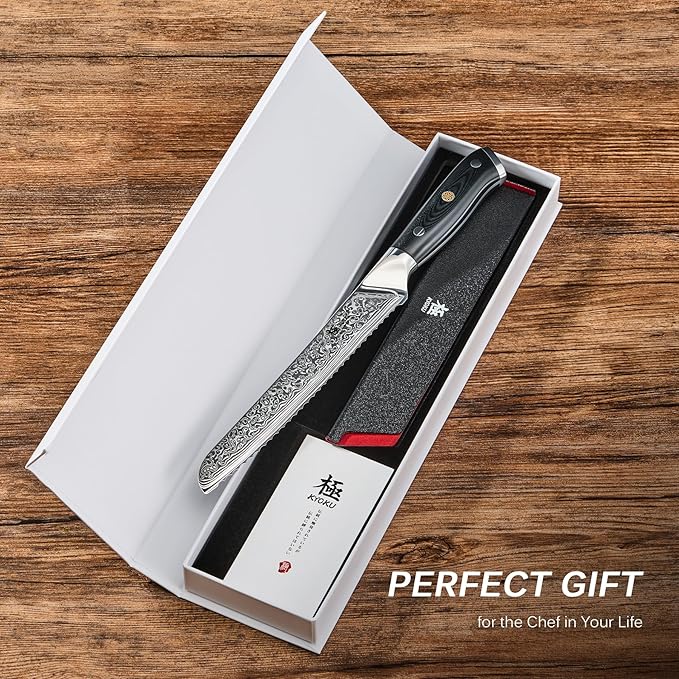 KYOKU Serrated Bread Knife - 8" - Shogun Series - Japanese Style VG10 Steel Core Damascus Blade - with Sheath & Case