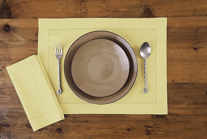 Solino Home Yellow Placemats Set of 4 - Cotton Linen Hemstitch Placemats 14 x 19 Inch