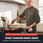 GreenPan x Bobby Flay Cast Iron Pre-Seasoned 16.5 x 9.5” Reversible Double Burner Griddle, Rectangular Grill, Helper Handles, Induction, Versatile Stovetop Oven BBQ & Fire, Indoor & Outdoor Use, Black