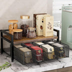 Tea Bag Organizer, Tea Bag Holder with Drawer, Wood and Metal Tea Organizers and Storage Chest for Countertop Kitchen, Office, Rustic Brown