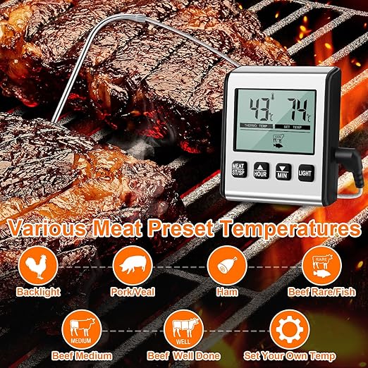 Relaxweex 2 Pcs TP710 Digital Cooking Meat Thermometer, Large LCD Backlight Food Thermometer with Stainless Steel Probe and Timer for Kitchen Oven BBQ Grilling Deep Fry Smoker