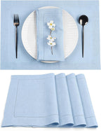 D'Moksha Homes Powder Blue Linen Cloth Placemats Set of 4-100% Pure Linen Hemstitch Placemats 14 x 19 Inch - Classic Hemstitch Table Place Mats for Winter - Handcrafted and Machine Washable