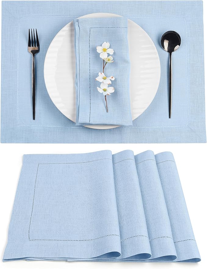 D'Moksha Homes Powder Blue Linen Cloth Placemats Set of 4-100% Pure Linen Hemstitch Placemats 14 x 19 Inch - Classic Hemstitch Table Place Mats for Winter - Handcrafted and Machine Washable
