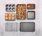 Chicago Metallic 7-Piece Nesting Bakeware Set - Carbon Steel Nonstick Baking Sheet, Loaf Pan, Muffin Pan, Cake Pan, Roaster and Cooling Rack - Space-Saving Kitchen Essentials