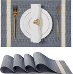 Leetaltree Luxury Dark Blue Placemats with Gold Stripes Placemats Set of 4 - Waterproof Washable for Wedding, Anniversary, Daily Use - Sparkling Table Decor - Hand-Cut