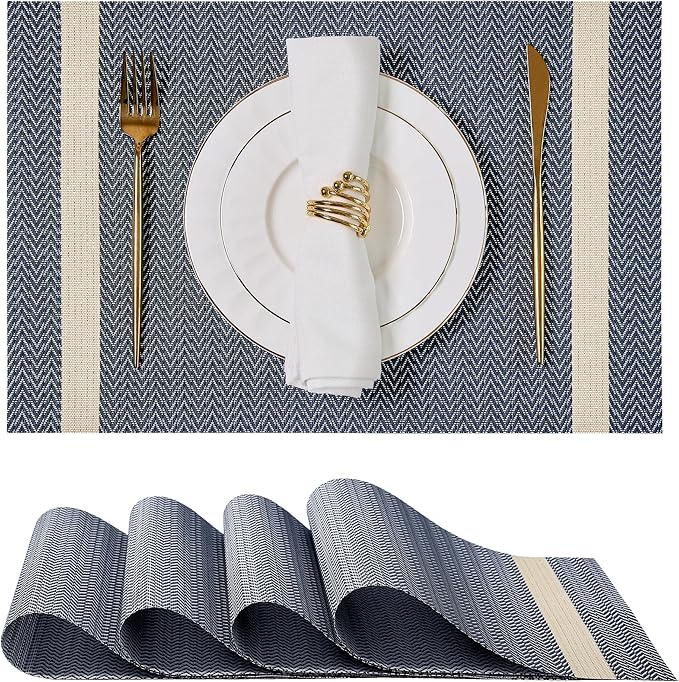 Leetaltree Luxury Dark Blue Placemats with Gold Stripes Placemats Set of 4 - Waterproof Washable for Wedding, Anniversary, Daily Use - Sparkling Table Decor - Hand-Cut