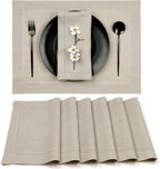 D'Moksha Homes Linen Placemats Set of 6 - Classic Hemstitch Natural Placemats 14 x 19 Inch - 100% Pure Linen Table Mats for Valentines, Holiday, New Year - Handcrafted and Machine Washable