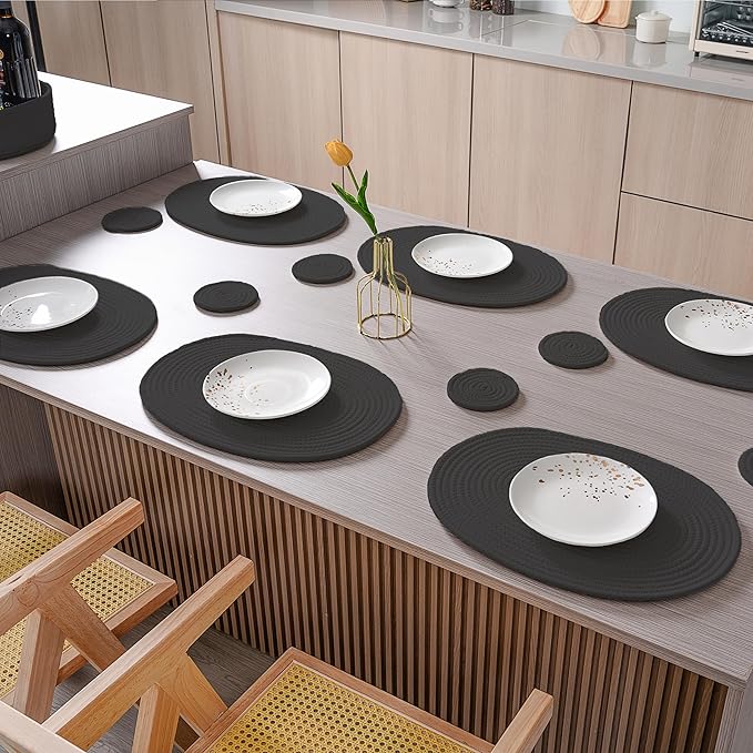 Placemats Set of 6 Oval – Woven Boho Farmhouse Table Mats for Dining Table for 6, Kitchen Decor, Washable and Handmade Rustic Table Accessories (Oval Plus 6 Coasters, Black)