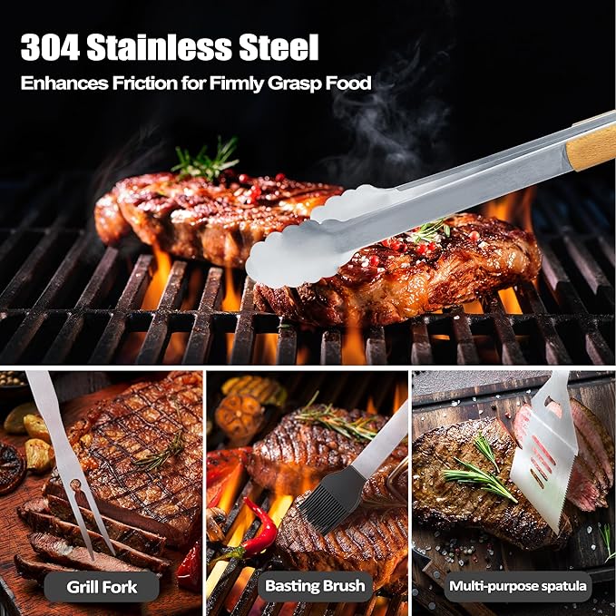 Grilling Accessories, Christmas Grilling Gifts for Men, Birthday Gift for Dad, Heavy Duty Wooden BBQ Grill Kit, Thick Stainless Steel Grill Utensils with Non-Slip Handle Tools in Portable Bag