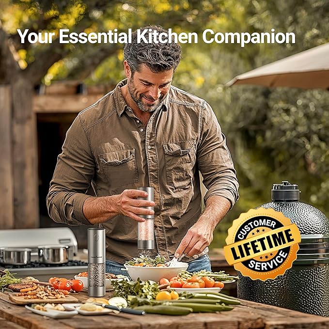 ThermoMaven Electric Salt and Pepper Grinder Set, 110ml Larger Rechargeable Automatic Salt and Pepper Mill Grinder with 6 Adjustable Coarseness, Electric Salt and Pepper Shakers, LED, Greige