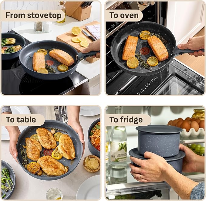 T-fal Ingenio Essentials Cookware Set with Detachable/Removable Handle 11 Piece, Granite Titanium Non Stick, Induction, Oven Broiler Safe 500F, Stackable, Pots and Pans Set, RV Camping, Fry Pans Gray