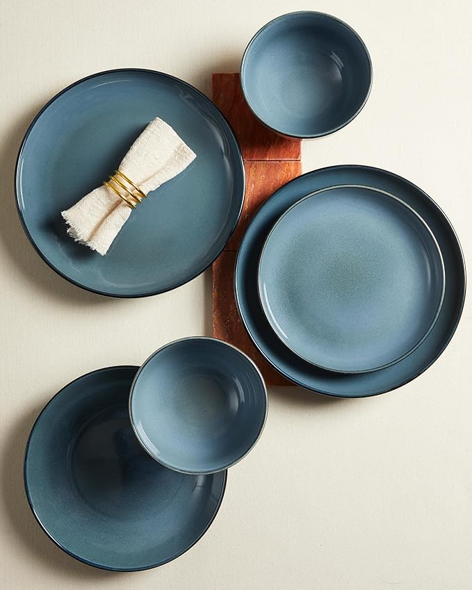 Pokini 24 Piece Double Bowl Dinnerware Sets with Pasta Bowls, Highly Chip and Crack Resistant Plates and Bowls Sets, Natural Earthyware Ceramic Dishware Sets, Service for 6 Jeans Blue