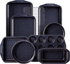HONGBAKE 9-Piece Non Stick Bakeware Sets with Wave Texture for Reduced Grease, 0.8mm Thick Non Toxic Baking Pans Set, Includes Stackable Cookie Sheets for Oven Cooking, Shimmer Blue