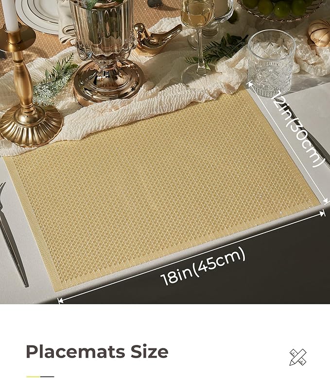 Leetaltree Luxury Gold Sequin Placemats Set of 8 - Waterproof Washable for Wedding, Anniversary, Daily Use - Sparkling Table Decor - Hand-Cut