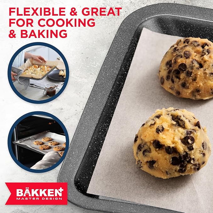 BAKKEN Kitchen Baking Pans - Nonstick Gray Coating, 13.18’’ × 8.66’’ Commercial Grade Carbon Steel Cookie Sheet, Baking Kitchen Essentials, PFOA, PFOS, PTFE Free, Oven Safe Tray (450° F), Gray