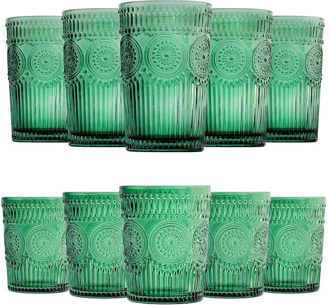 Loivttvv 12pcs Vintage Drinking Glasses Set, 12 oz Highball Glasses & 9 oz Embossed Ribbed Glassware Cups for Cocktail, Water, Juice, Coffee, Whiskey (Atroviens)