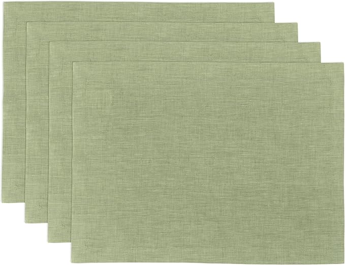 Solino Home Linen Cloth Placemats Set of 4-100% Pure Linen Chambray Olive Placemats 14 x 19 Inch for New Year - Athena