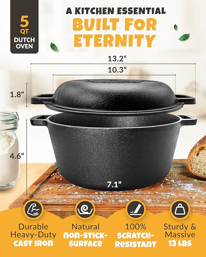 CRUSTLOVE Cast Iron Dutch Oven for Bread Baking - incl. Sourdough Bread-Baking Supplies like Banneton Bread-Proofing Basket - 5QT Bread-Oven with Lid Bread-Making Kit Pan, Pot, Sour Sough Tools, Lame