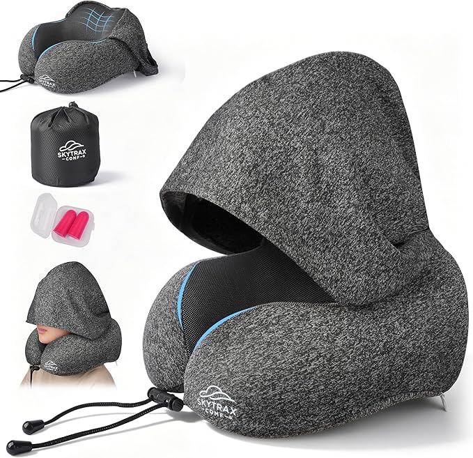 Travel Pillow with Extra Large Hood for Airplane Long Flights Privacy and Comfort Memory Foam with Skin-Friendly Cover for Road Trip Head&Neck Support for Plane Office Cars Sleeping & Rest (Grey)