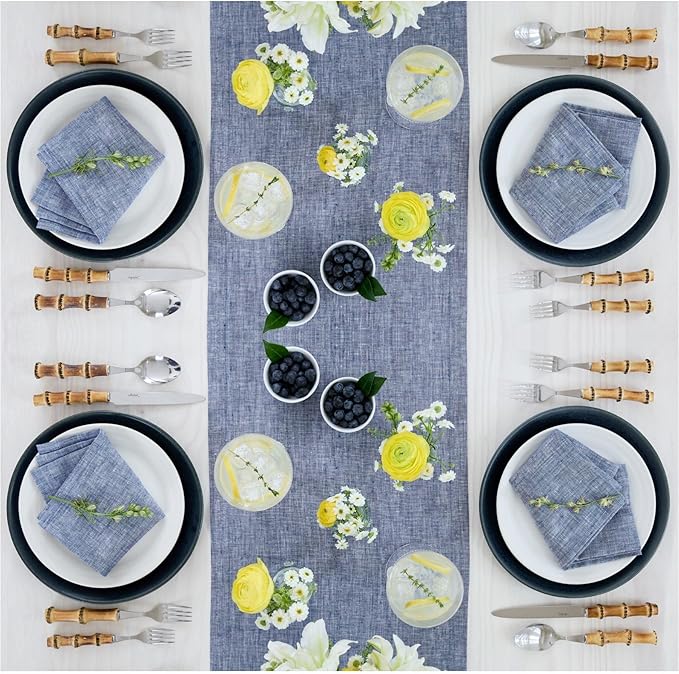 Solino Home Linen Cloth Napkins Set of 4-100% Pure Linen Chambray Indigo Dinner Napkins 20 x 20 Inch - Athena, Handcrafted and Machine Washable - Holiday, Winter, New Year