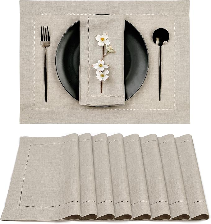 D'Moksha Homes Linen Placemats Set of 8 - Classic Hemstitch Natural Placemats 14 x 19 Inch - 100% Pure Linen Table Mats for Valentines, Holiday, New Year - Handcrafted and Machine Washable