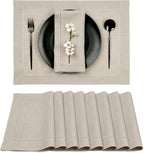 D'Moksha Homes Linen Placemats Set of 8 - Classic Hemstitch Natural Placemats 14 x 19 Inch - 100% Pure Linen Table Mats for Valentines, Holiday, New Year - Handcrafted and Machine Washable