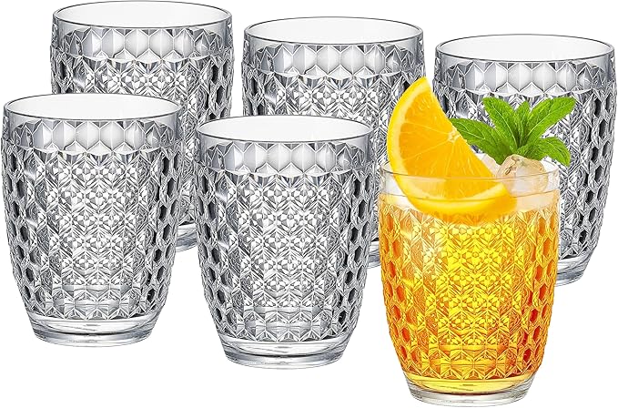 KLIFA- ASPEN- 12.7 ounce, Set of 6, Acrylic Vintage Drinking Glasses, Shatter-proof Tumblers, BPA-Free, Stackable Plastic Drinkware, Dishwasher Safe Cups, Clear