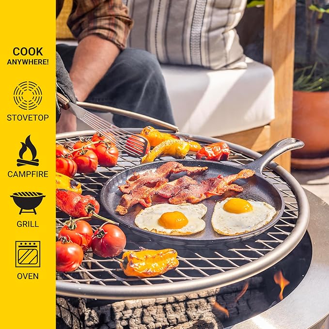 Lodge Round Seasoned Cast Iron Griddle - Round-Shaped, Pre-Seasoned Iron Griddle Pan - Non-Toxic, PFAS-Free Cookware - Compatible with Stovetop, Oven, Grill, or Campfire - 10.5 Inches