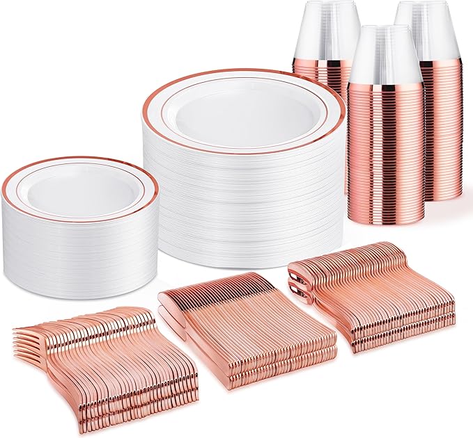 WELLIFE 450 PCS Rose Gold Disposable Dinnerware Set for 75 Guests, Mothers Day Plates, 75 Dinner & Salad Plate, Cups, Forks Knives Spoons for Wedding Reception and Valentine's Day