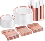 WELLIFE 450 PCS Rose Gold Disposable Dinnerware Set for 75 Guests, Mothers Day Plates, 75 Dinner & Salad Plate, Cups, Forks Knives Spoons for Wedding Reception and Valentine's Day