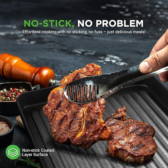 NutriChef 11" Non-Stick Grill Pan for Indoor Cooking - Hard Anodized Grill Pan for Stove Tops with High Ridges, Strong Handles, Dishwasher Safe