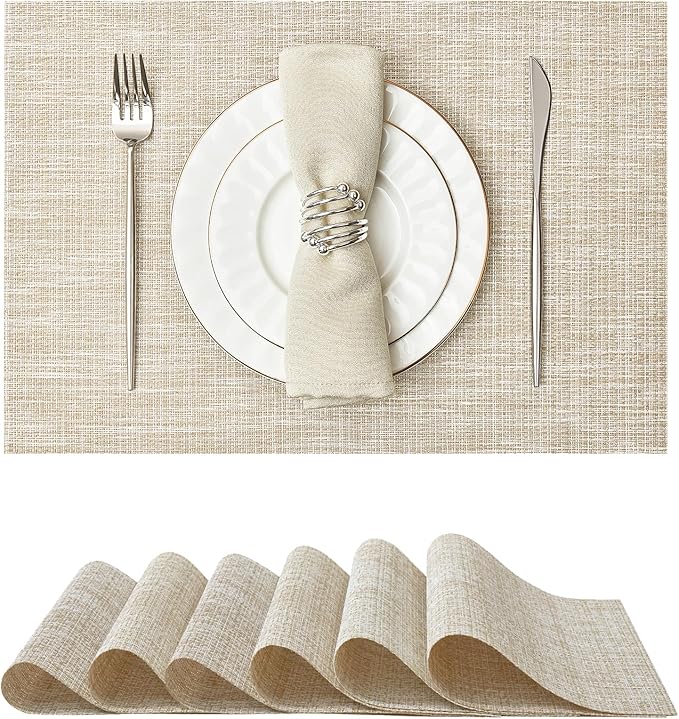Leetaltree Luxury Beige and Gold Woven Placemats Set of 6 - Waterproof Washable Textured Table Mats for Wedding, Anniversary, Daily Use - Sparkling Metallic Thread Table Decor - Hand-Cut