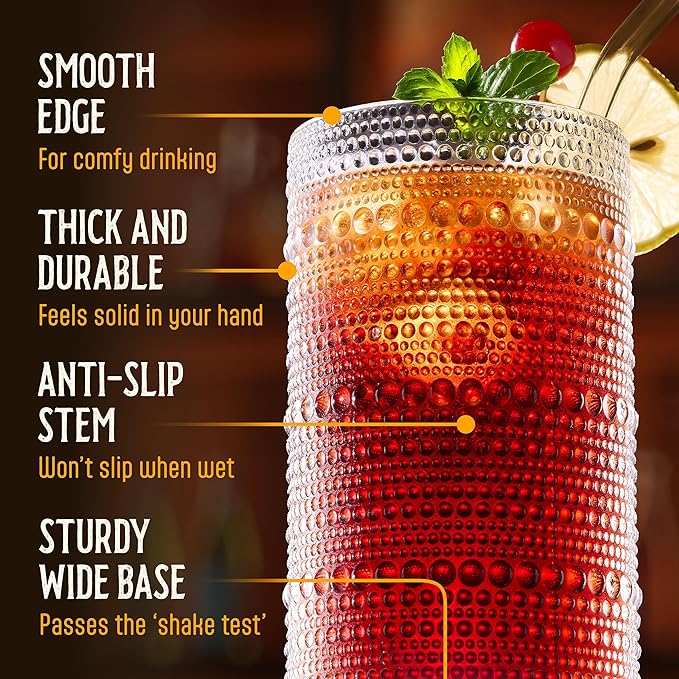 12 Oz Hobnail Drinking Glasses Set of 6 - Clear Multipurpose Glassware Sets, Decorative & Stylish Glasses Drinking Set W/Straws for Bar, Kitchen, Cocktail Glassware - Home, Dining, & Kitchen