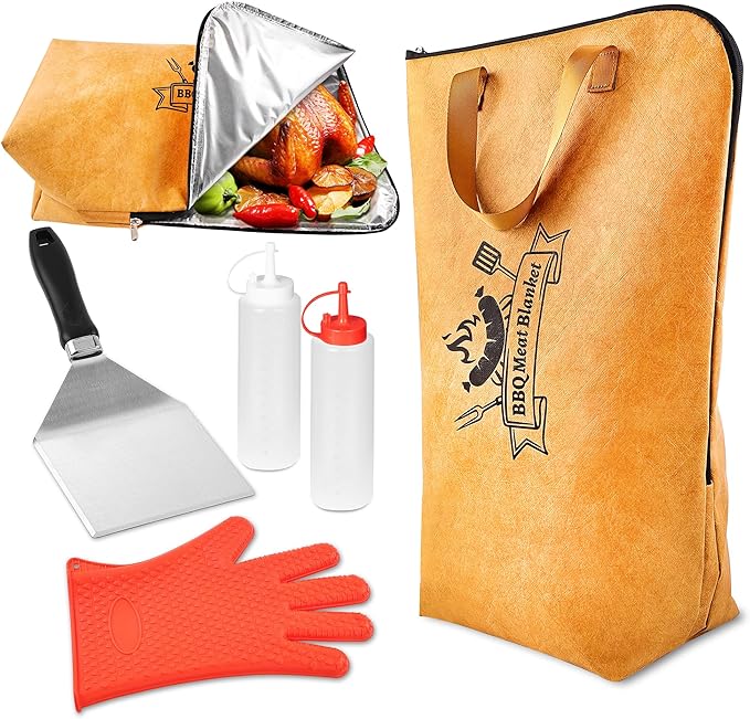ROMANTICIST 5-in-1 Grill Accessories Set with Insulated Meat Resting Blanket & Heavy Duty Spatula – BBQ Tools Kit, 5-Layer Heat Retention, Leak-Proof for Brisket Turkey Pork Shoulder Outdoor Barbecue