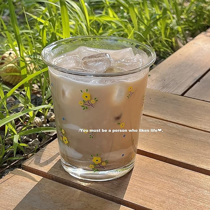 Set of 2 12 OZ French Floral Drinking Glasses Flower Glass Coffee Cup Cute Glass Cups for Iced Coffee,Tea,Juice,Latte,Milk,Dessert,Stackable Glassware Drinkware Set(red yellow)