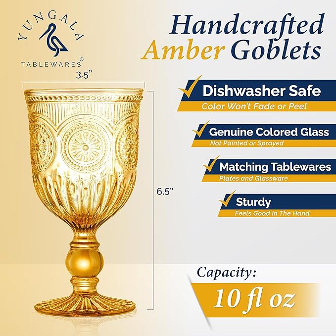 Yungala Amber Wine Glasses Set of 6 Vintage Hobnail Goblets 10 oz