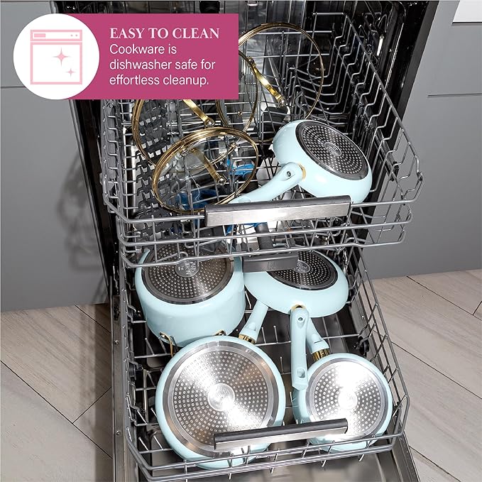 Paris Hilton Epic Nonstick Pots and Pans Set, Multi-layer Nonstick Coating, Tempered Glass Lids, Soft Touch, Stay Cool Handles, Made without PFOA, Dishwasher Safe Cookware Set, 12-Piece, Aqua