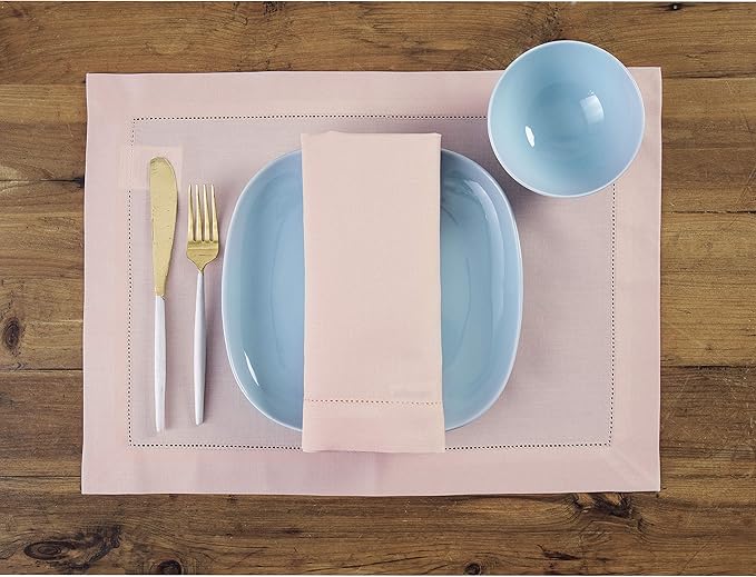 Solino Home Pink Napkins Set of 4 - Cotton Linen Hemstitch Dinner Napkins Cloth 20 x 20 Inch for Valentines, New Year - Handcrafted and Machine Washable