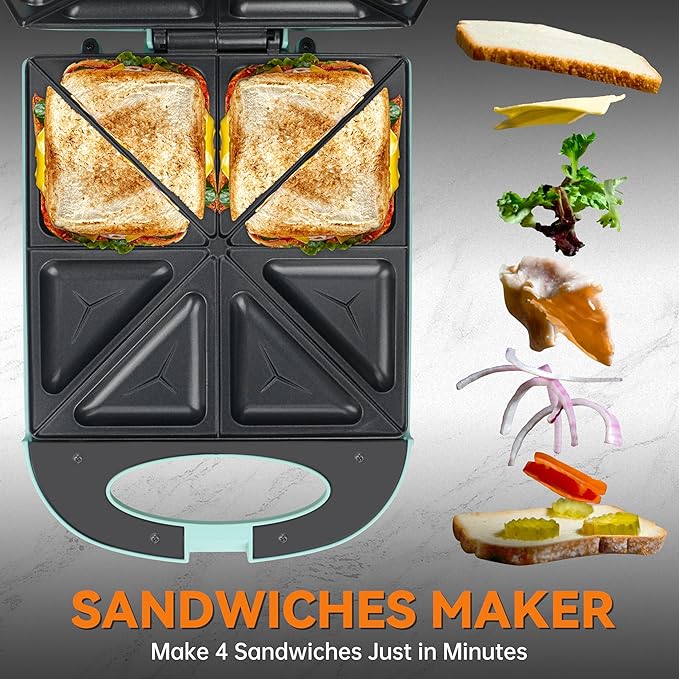 Baker’s Friend Breakfast Sandwich Maker, 4 Slices of Panini Grill Press Sandwich Maker, Electric Sandwich Maker with Indicator Light, Grill Cheese & Egg Muffin Sandwich Maker, Aqua