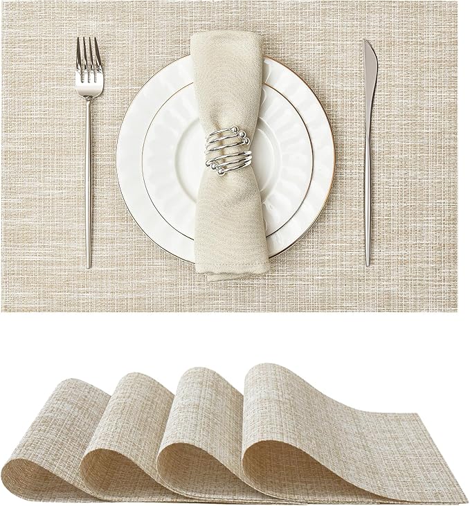 Leetaltree Luxury Beige and Gold Woven Placemats Set of 4 - Waterproof Washable Textured Table Mats for Wedding, Anniversary, Daily Use - Sparkling Metallic Thread Table Decor - Hand-Cut