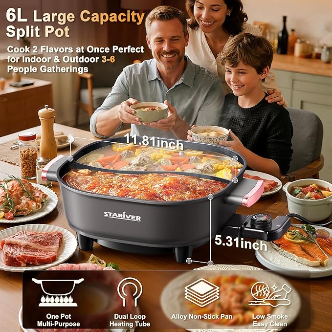Stariver 6L Electric Hot Pot with Divider, 1300W, Dual-Flavor Pot for Two Broths, 5-Temp Control & Non-Stick Coating, Electric Pot for Shabu Shabu, Fondue, Perfect for Family Gatherings & Parties