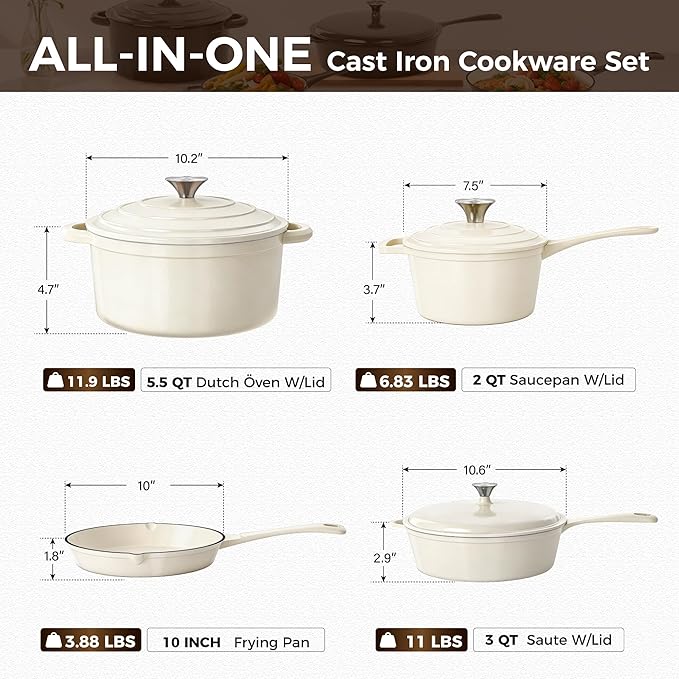 Kitchen Academy Enameled Cast Iron Cookware Sets - 7Pcs Pots and Pans Set Non Toxic, Induction Cooking Pots Set, PFOA&PFAS Free(Beige)