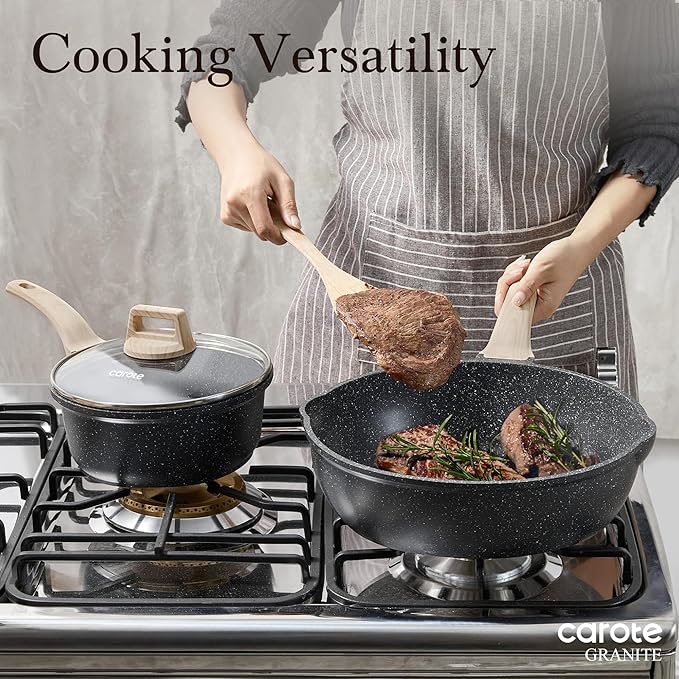 CAROTE 10/12/12.5 Inch Nonstick Deep Frying Pan with Lid, Jumbo Cooker Saute Pan with Pour Spout, Skillet Induction Cookware, Non Stick Cooking Pan PFOA Free, Classic Granite