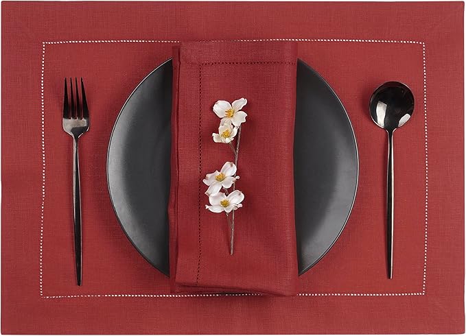 D'Moksha Homes Red Linen Placemats Set of 6 - Classic Hemstitch Placemats 14 x 19 Inch - 100% Pure Linen Table Mats for Valentines, Holiday, New Year - Handcrafted and Machine Washable