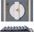 Leetaltree Luxury Dark Blue Placemats with Gold Stripes Placemats Set of 8 - Waterproof Washable for Wedding, Anniversary, Daily Use - Sparkling Table Decor - Hand-Cut