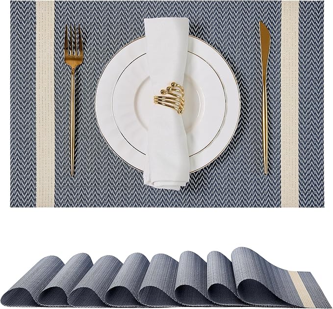Leetaltree Luxury Dark Blue Placemats with Gold Stripes Placemats Set of 8 - Waterproof Washable for Wedding, Anniversary, Daily Use - Sparkling Table Decor - Hand-Cut