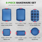 NutriChef 6-Piece Bakeware Set - Nonstick Carbon Steel Baking Pans with Red Silicone Handles, Blue Coating, Durable & Stain-Resistant, Perfect for Baking Cakes, Muffins, Cookies (Blue)