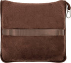 BlueHills Premium Soft Travel Blanket Pillow Airplane Blanket Soft Bag Pillow case with Hand Luggage Belt and Backpack Clip Compact Pack Large Portable Throw Air Plane Flight Travel (Brown T009)