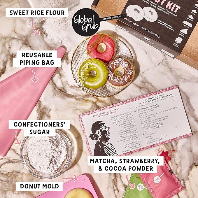 Global Grub DIY Morimoto Mochi Donut Kit - Includes Mochi Donut Mold, Reusable Piping Bag, Sweet Rice Mochi Flour, Confectioners’ Sugar, Strawberry Powder, Cocoa Powder & Matcha Green Tea Powder, Step-by-Step Instructions, Master Chef Approved, Makes 1...